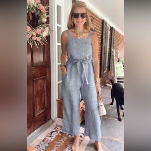Worn once! Quince Linen Blue Striped Jumpsuit